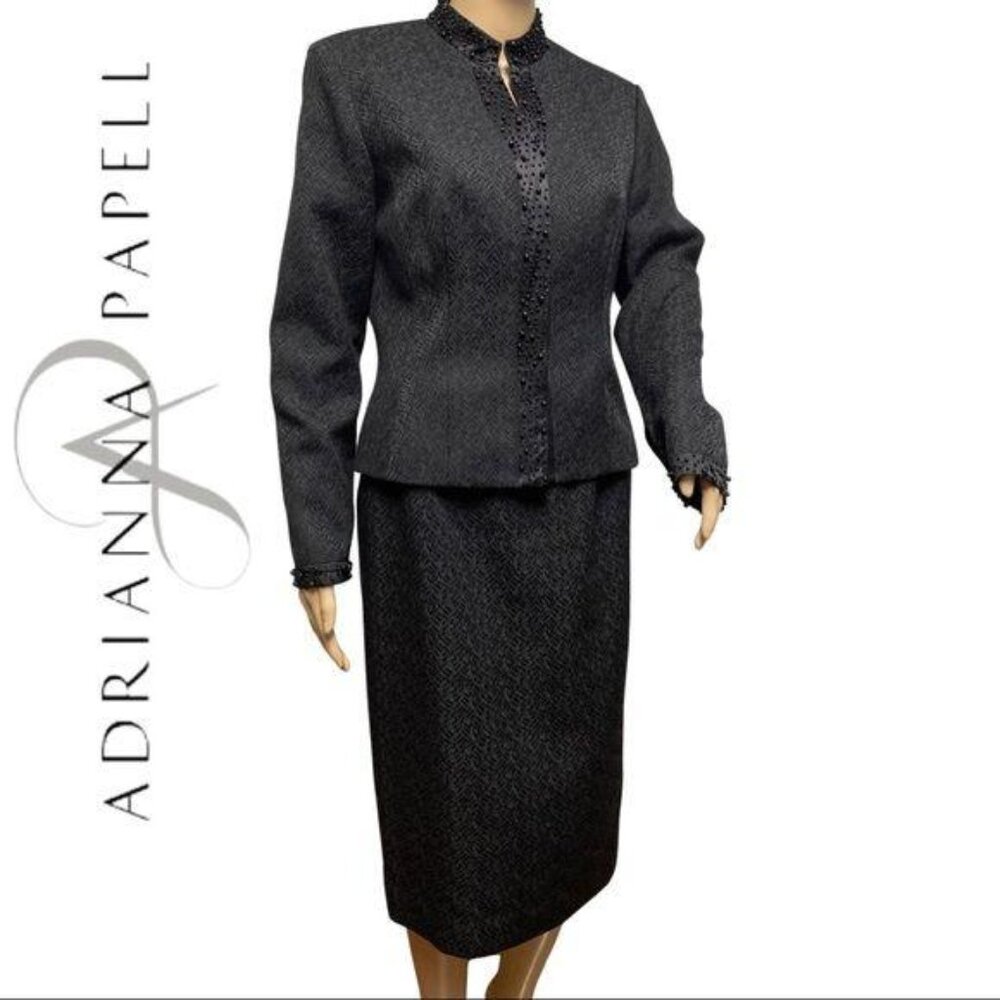 Adrianna Papell Womens‎ Beaded 2pc Skirt Suit Set Size 8 Career  Lined Black